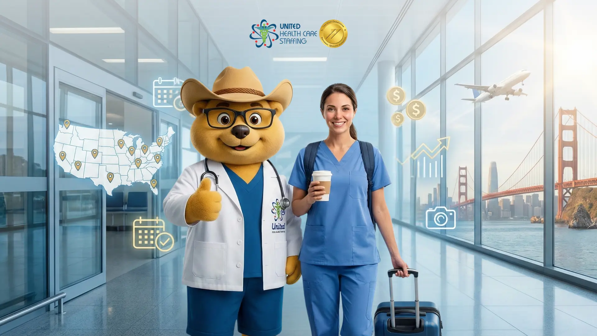 A digital illustration promoting travel nursing with United Health Care Staffing. A female nurse in blue scrubs stands in a bright modern terminal holding a coffee cup and a suitcase. Beside her, a friendly bear mascot wearing a cowboy hat and a doctor’s white coat gives a thumbs-up. Floating digital icons—including a U.S. map with location pins, dollar signs, and a camera—surround them, with a view of the Golden Gate Bridge in the background